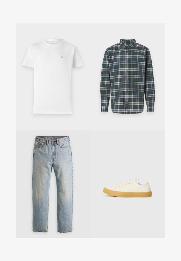 Vit bomull t-shirt med klassisk rund hals, korta ärmar och en liten grå GAP-logotyp på vänster bröst. Enkel, odekorerad design.; Grön flanellskjorta med ett rutmönster som har blå, vita och senapsgula ränder. Knäppt fram och spetsig krage. Långa ärmar.; Ljusblå denimjeans med hög midja, framknäppning, dragkedja och femficksdesign, placerade platt på en neutral bakgrund.; Canvas sneakers i off-white med rund tå, med beige gummisulor och fem öglor för snören, texturerad finish på ovandelen.