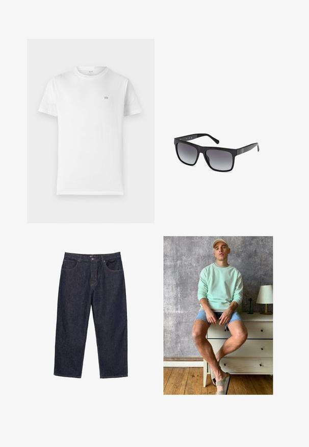 Tricou alb din bumbac, cu guler clasic, mâneci scurte și un mic logo GAP gri pe partea stângă a pieptului. Design simplu, fără ornamente.; Cămașă cu mânecă scurtă, cu nasturi, din țesătură albă, cu dungi verticale în roz și verde. Are un buzunar pe partea stângă.; Jeans din denim, drepti, de culoare albastru închis, cu închidere prin buton și fermoar în față, și cinci buzunare, expuși pe un fundal alb.; Hanorac verde mentă, pantaloni scurți din denim și pantofi slip-on verde oliv. Așezat pe o comodă de culoare deschisă, lângă un perete texturat gri.; Guess Ochelari de soare - glossy black smoke gray