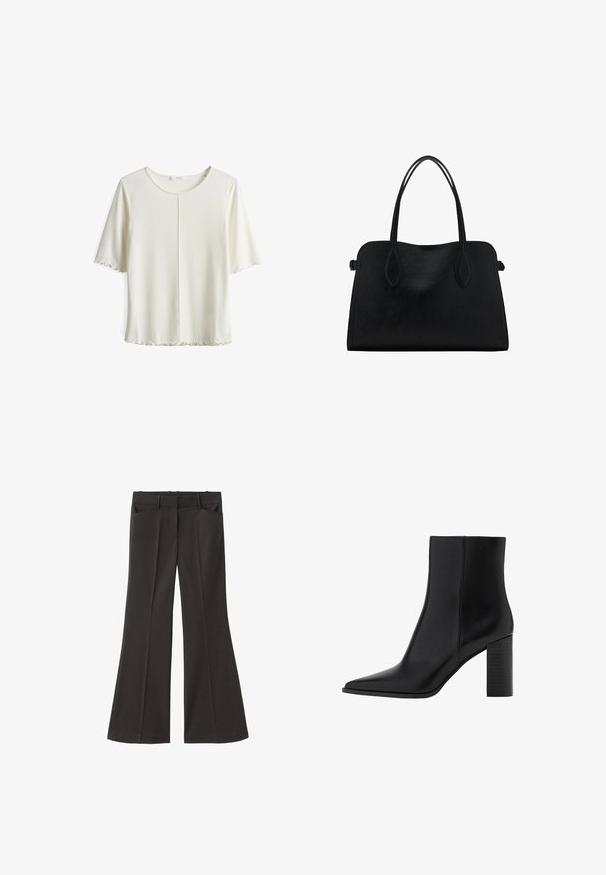 Korte mouwen witte blouse van zachte stof, met een ronde halslijn, een middennaad en ruches aan de onderrand en mouwranden.; Zwarte flared broek met een hoge taille; beschikt over twee voorkeurszakken en een gladde stoftextuur. Geschikt voor verschillende gelegenheden.; Zwarte leren enkellaars met een spitse neus, vierkante hak, een gladde textuur en stikdetails langs de naden. De hakken zijn ongeveer 8,9 cm hoog.; Zwarte leren handtas met dubbele schouderriemen, rechthoekige vorm en minimalistisch ontwerp op een witte achtergrond.