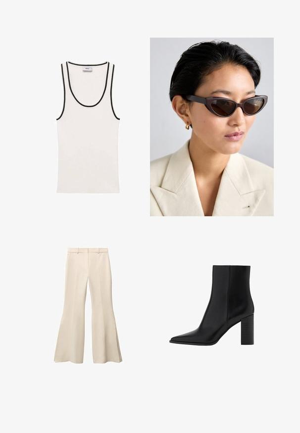 White tank top with a ribbed texture, featuring black trim along the neckline and armholes. Simple, sleeveless design.; Beige flared trousers with a smooth texture, featuring a flat front, belt loops, and deep side slits at the hem.; Black leather ankle boot with a pointed toe, square heel, smooth texture, and stitching details along the seams. Heels measure approximately 3.5 inches.; Brown cat-eye sunglasses with dark lenses, featuring thick frames and smooth texture, paired with a beige blazer and gold hoop earring.