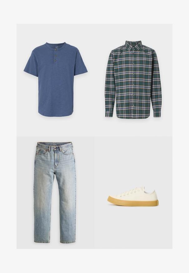 Short-sleeve shirt in soft blue fabric, featuring a round neck and three brown buttons at the collar, with a straight hemline.; Green flannel shirt with a plaid pattern featuring blue, white, and mustard yellow lines. Buttoned front and pointed collar. Long sleeves.; Light blue denim jeans with high waist, front button, zipper, and five-pocket design, laid flat on a neutral background.; Canvas sneakers in off-white with a round toe, featuring beige rubber soles and five eyelets for laces, textured finish on the upper.