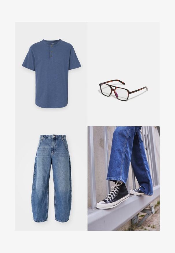 Short-sleeve shirt in soft blue fabric, featuring a round neck and three brown buttons at the collar, with a straight hemline.; Light blue denim jeans featuring a loose, wide-leg design, with a high waist, five pockets, and visible stitching details.; Black high-top sneakers with white sole and laces, paired with loose blue denim jeans, resting on a gray railing.; Tortoiseshell-patterned eyeglasses with rectangular lenses, black and orange frames, featuring a glossy finish and slender temples.