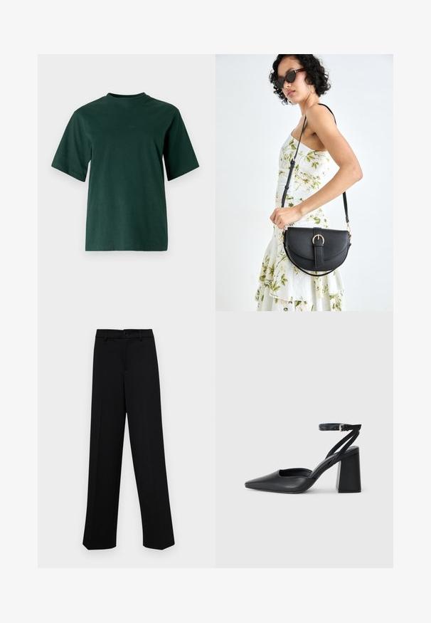 Selected Femme SLFLISA HANKIE O NECK TEE - Pamata T-krekls - scarab; Melnas platajās bikses, kas izgatavotas no gludas auduma, ar klasisku jostu un pogu aizdari, kā arī priekšējām kroku detalizācijām.; Melna ādas augstpapēžu kurpe ar norakstīto purngala formu, potītes siksniņu un masīlu papēdi. Gluda tekstūra, elegants dizains un minimālisma estētika.; Melnas ādas rokassoma ar izliekta formu, noņemamu siksnu un zelta aksesuāriem. Somai ir vāciņš ar sprādzes detaļu.