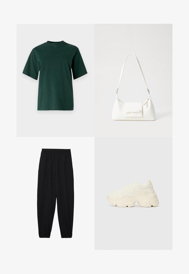 Selected Femme SLFLISA HANKIE O NECK TEE - T-shirt básica - scarab; Calças pretas, leves, com um cinto elástico e punhos franzidos. O tecido é suave e apresenta um design relaxado e afunilado.; Sapatilhas brancas chunky feitas de malha texturizada e materiais sintéticos, apresentando uma sola espessa e detalhes de padrão intrincados ao longo dos lados.; Mala sintética branca com formato triangular, aba frontal plana e detalhe de laço, alça ajustável, textura suave e design minimalista.