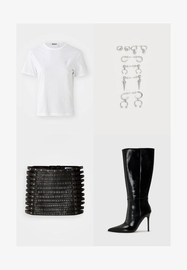 White short-sleeve T-shirt made from soft fabric. Features a round neckline and a straight fit, with a label on the inner collar.; Black leather mini skirt with horizontal strap detailing and silver studs along the top edge and vertical sides.; Black leather knee-high boots with a pointed toe and high stiletto heel. Smooth texture and sleek design, featuring minimal detailing.; Set of silver earrings featuring various designs: hoops, studs, and dangling styles, with ball accents and pointed elements.