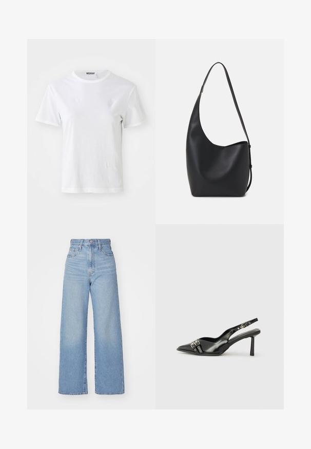 Valge lühikeste varrukatega T-särk, mis on valmistatud pehmest kangast. Omab ümmargust kaelust ja sirget lõiget, sise-kaeluse ääres on silt.; Heledad sinine kõrge vöökohaga laiad teksad, ees nupp ja tõmblukk, ees ja taga taskud, valge tausta peal.; Must musta nahk kingad sanga ja terava ninaga, ankle strapidega, millel on hõbedased pandlad ja riistvara ning õhuke konts.; Mustast nahast hobo kott, millel on sile tekstuur, kumer kuju ja üks reguleeritav rihm; peal on lai avaus.