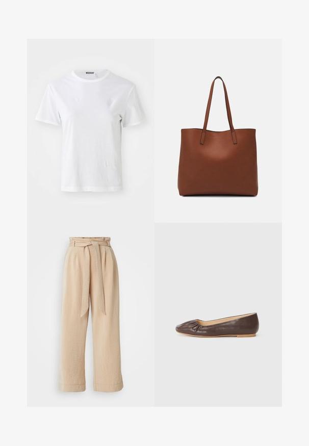 Witte T-shirt met korte mouwen van zachte stof. Heeft een ronde halslijn en een rechte pasvorm, met een label op de binnenkant van de kraag.; Beige wijde broek met een riem in de taille, gemaakt van een textuurstof. Heeft een geplooide voorkant en een gladde afwerking langs de zoom.; Bruine leren ballerina met een ronde neus, geplooide details aan de voorkant en een platte, lichte zool.; Bruine leren tote bag met een gladde textuur, een ontwerp met een open bovenkant en twee schouderbanden. Kenmerkt zich door minimale stiksels en geen zichtbare hardware.