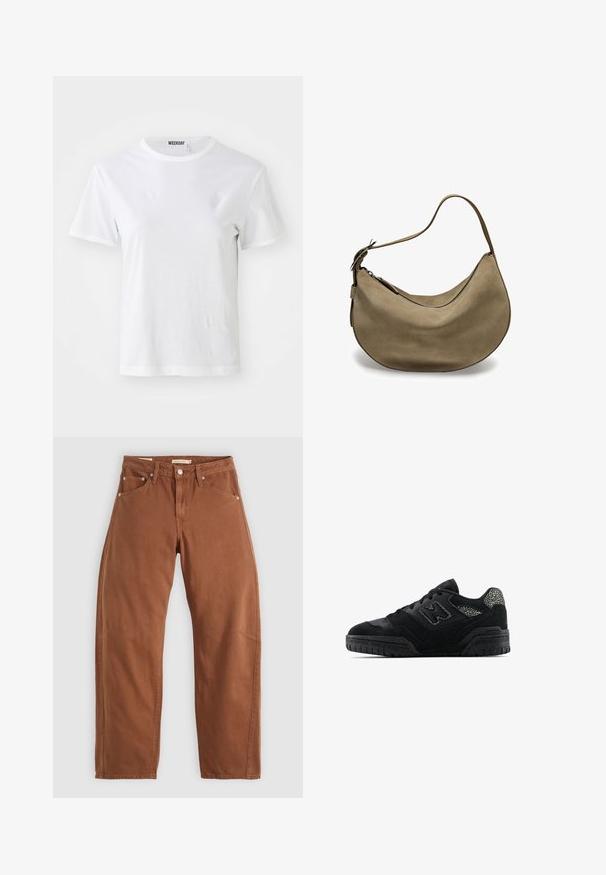 T-shirt blanc à manches courtes en tissu doux. Doté d'un col rond et d'une coupe droite, avec une étiquette sur le col intérieur.; Jean droite couleur rouille avec poches avant et arrière, rivets en métal, fermeture à bouton et passants de ceinture, posés à plat sur un fond blanc.; Baskets basses noires avec semelle texturée, design à lacets, panneaux en daim et accents à motifs sur le talon et le logo sur le côté.; Sac hobo en suédine marron avec une forme incurvée, une bandoulière unique, une fermeture éclair et une texture lisse. Design simple avec des détails matériels minimaux.
