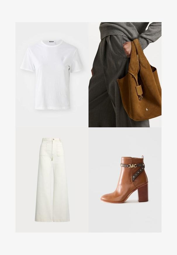 T-shirt blanc à manches courtes en tissu doux. Doté d'un col rond et d'une coupe droite, avec une étiquette sur le col intérieur.; Jeans large en denim écru. Design taille haute avec une fermeture à bouton, deux poches avant et des détails de surpiqûres contrastantes.; Botte de cheville en cuir marron avec un talon en bloc empilé, sangle latérale ornée de clous dorés et boucle en forme de "MK" dorée.; Sac fourre-tout en daim marron avec une forme arrondie, deux poignées et un accent en métal. Présente un petit logo sur le devant.