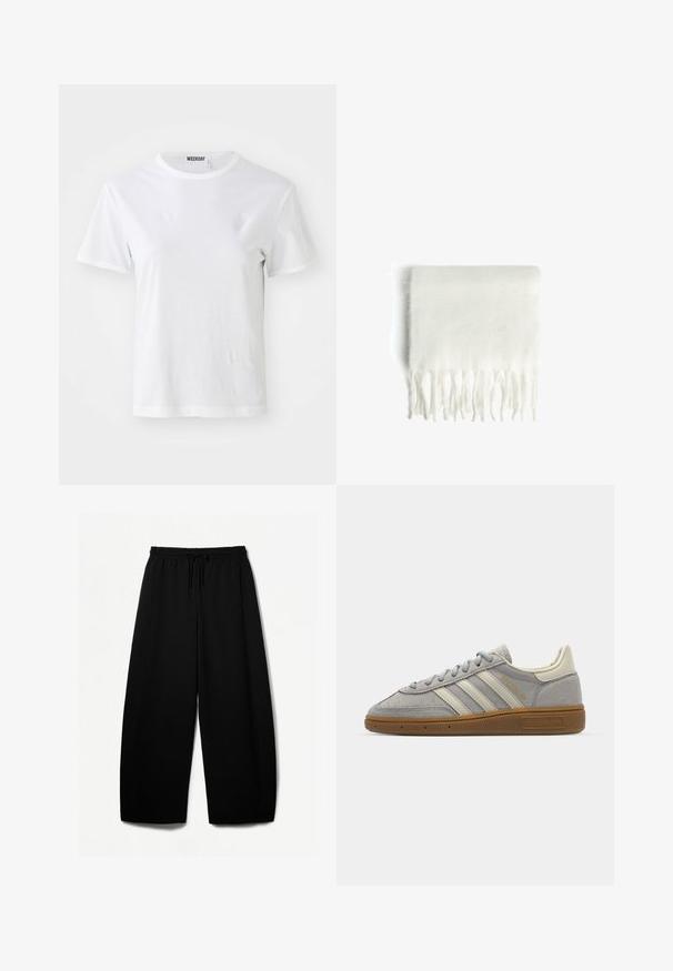 Vit kortärmad T-shirt i mjukt material. Har en rund halsringning och rak passform, med en etikett på insidan av kragen.; Svarta vida byxor med elastisk midja och dragsko. Mjukt tyg med en slät textur. Rakt snitt med sido sömmar.; Grå mockasneakers med ljusgrå läderlinjer och en gummigummi-sula. Funktioner inkluderar snörning och diskret logotyp på tungan.; Vitt fleecehalsduk med fransade kanter, mjuk textur och rektangulär form. Lämplig för lager-på-lager och för att ge värme.