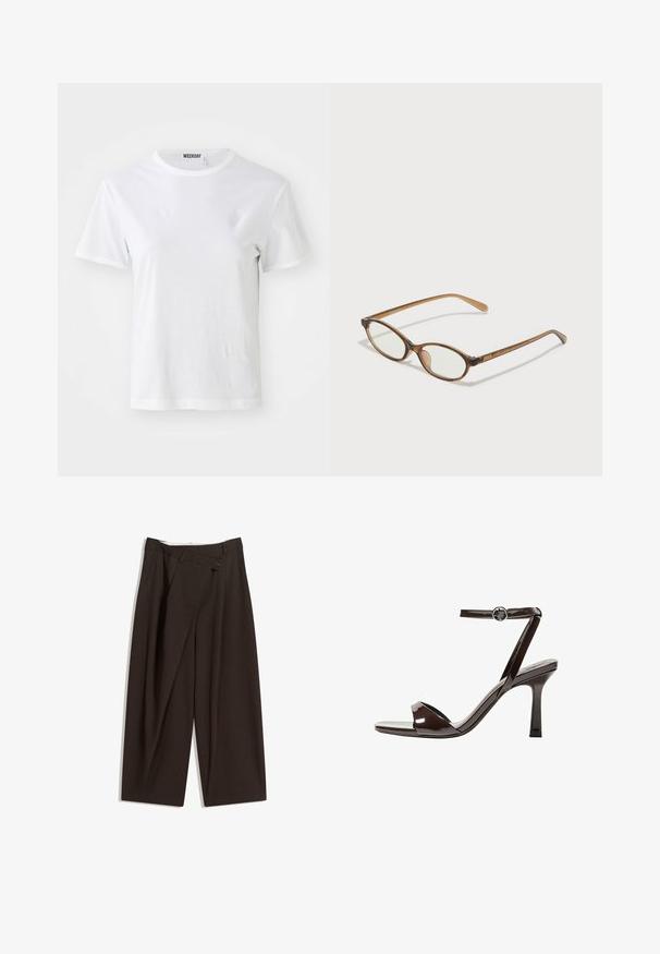 Maglietta bianca a maniche corte realizzata in tessuto morbido. Presenta un collo rotondo e una vestibilità dritta, con un'etichetta sul colletto interno.; Pantaloni a gamba larga marrone scuro con vita alta, dotati di una chiusura con bottone singolo e una parte anteriore plissettata. Realizzati in tessuto leggero.; Sandalini con tacco alto in pelle verniciata marrone, con cinturino alla caviglia, punta aperta e un design elegante e minimalista. Presentano un tacco quadrato.; Occhiali tortoiseshell marroni con lenti ovali, aste sottili e dettagli trasparenti. Presentano un logo sottile sulla tempia. Design elegante e leggero.; Borsa a tracolla in pelle nera con manico curvo, forma triangolare allungata e superficie liscia. Presenta un design minimalista senza hardware visibile.