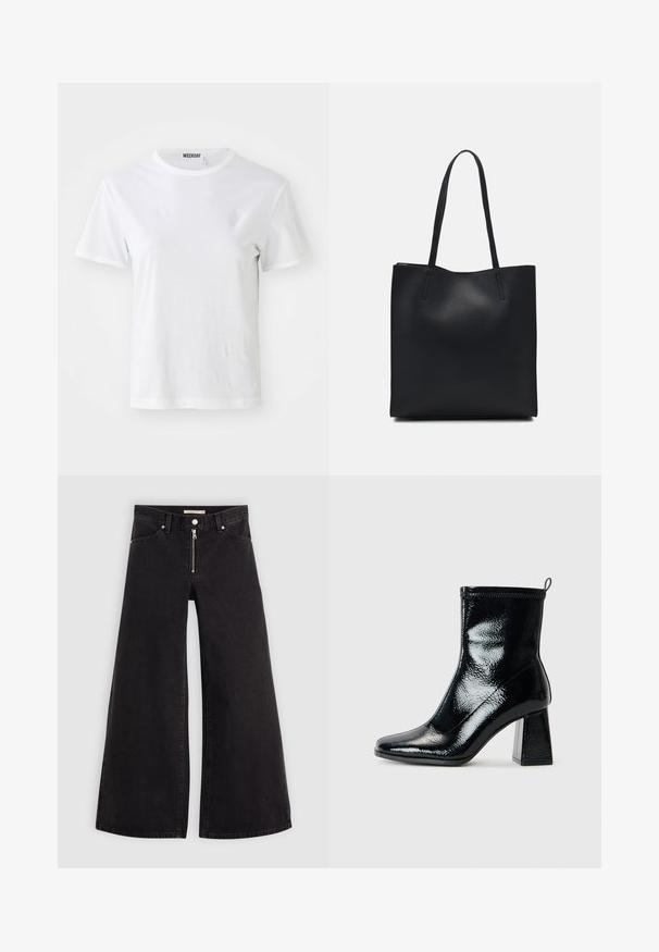 Camiseta blanca de manga corta hecha de una tela suave. Cuenta con un escote redondo y un corte recto, con una etiqueta en el cuello interior.; Jeans de pierna ancha en denim negro con cierre frontal, diseño de cinco bolsillos y detalles de costura sutiles. Textura suave y estilo casual.; Botín negro de charol con punta cuadrada y tacón geométrico grueso. Presenta una textura suave y brillante, y una lengüeta en la parte trasera para facilitar su uso.; Bolso tote de cuero negro con textura lisa, forma rectangular y dos asas largas. Sin herrajes ni adornos visibles.
