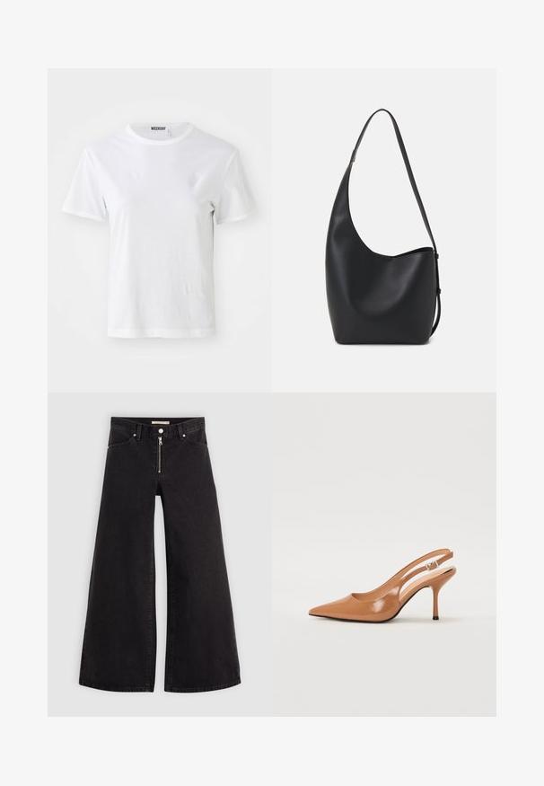 White short-sleeve T-shirt made from soft fabric. Features a round neckline and a straight fit, with a label on the inner collar.; Wide-leg jeans in black denim with a zippered front, five-pocket design, and subtle stitching details. Smooth texture and casual style.; Pointed toe slingback heel in a smooth, glossy tan material. Features a curved cutout design and a slender stiletto heel. Silver buckle detail.; Black leather hobo bag with a smooth texture, curved shape, and single adjustable strap; features a wide opening at the top.