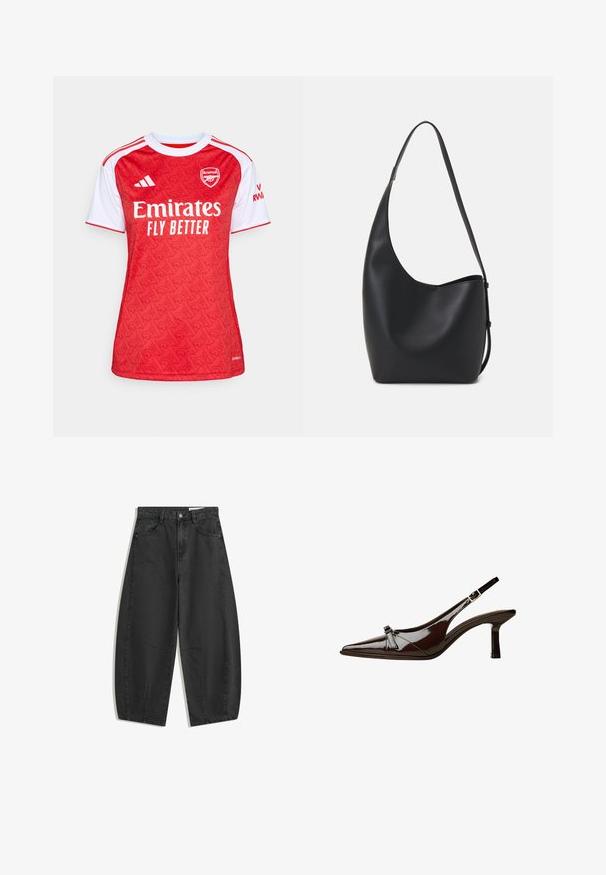 Tricou de fotbal roșu și alb cu un design pătrățos, guler rotund, mâneci scurte și logo-ul "Emirates Fly Better" pe față.; Jeanși negri, cu picioare largi, talie înaltă, buzunare frontale, bucle pentru curea și închidere cu nasture, expuși plan pe un fundal alb.; Pantofii slingback din piele lăcuită maro, cu vârf ascuțit, toc mic și un accent decorativ sub formă de fundă în față. Textură netedă și strălucitoare.; Geantă hobo din piele neagră, cu o textură netedă, formă curbată și un singur bretele ajustabil; are o deschidere largă în partea de sus.