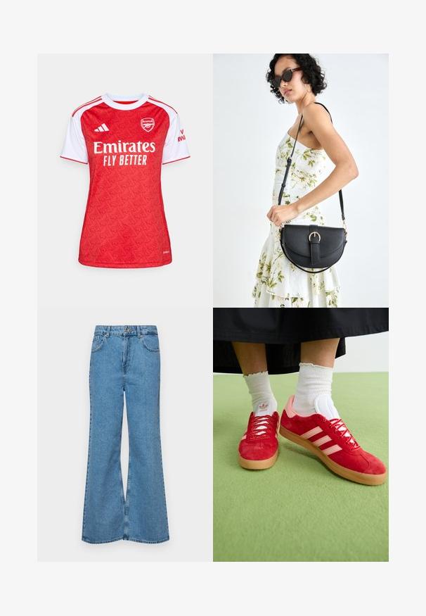 Maillot de football rouge et blanc avec un design à motifs, col rond, manches courtes et logo "Emirates Fly Better" à l'avant.; Jean flare bleu clair en denim, avec une taille haute, cinq poches et une fermeture à un bouton. Texture douce avec une finition décolorée.; Baskets en daim rouge avec des accents roses, logo à trois rayures blanches et lacets rouges. Portées avec des chaussettes de sport blanches à côtes sur une surface verte.; Sac à main en cuir noir avec une forme courbée, bandoulière amovible et des accessoires en or. Le sac est doté d'un rabat avec un détail de boucle.
