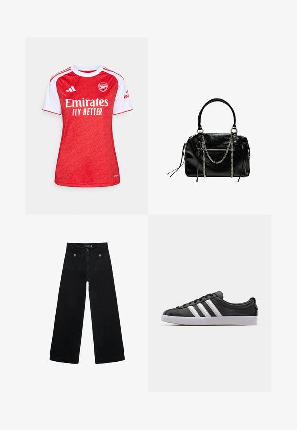 Czerwono-biała koszulka piłkarska z wzorzystym deseniem, okrągłym dekoltem, krótkimi rękawami i logo "Emirates Fly Better" z przodu.; Czarne, szerokie dżinsy z wysokim stanem, z dwoma przednimi kieszeniami i metalowymi guzikami. Tkanina ma gładką fakturę.; Czarny skórzany tenisówka z białym wzorem trzech pasków, okrągłym noskiem, płaską białą gumową podeszwą i detalem z logo po boku.; Bershka - Torebka
