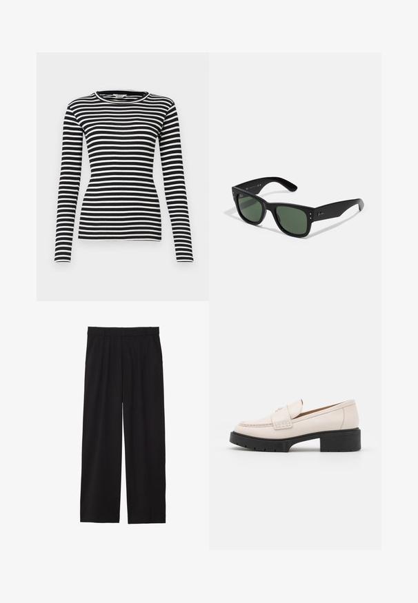 Black and white striped long-sleeve shirt with a round neckline and a ribbed texture; fitted design throughout the body and sleeves.; Black wide-leg trousers with a pleated front, side pockets, and a smooth fabric texture. Designed for a relaxed fit.; Light beige leather loafers with a stitched front and a textured black platform heel. Features a curved design and a slight elevation.; Black rectangular sunglasses with green lenses, matte finish, subtle hardware accents, and embossed logo on the temple.