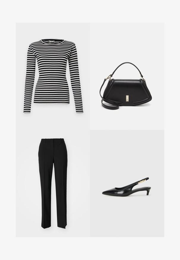 Camicia a maniche lunghe a righe bianche e nere con scollo rotondo e texture a costine; design aderente su tutto il corpo e le maniche.; Pantaloni neri su misura con un design a gamba dritta, caratterizzati da una texture liscia e pieghe ben definite sul davanti. Senza hardware visibile.; Tacchi slingback in pelle nera con punta affusolata, caratterizzati da un tacco alto e un accento dorato sulla cinghia regolabile. Texture liscia.; Borsa a mano in pelle nera con un design strutturato, caratterizzata da una forma corta, manico superiore e accessori in metallo dorato. Inclusa tracolla regolabile.