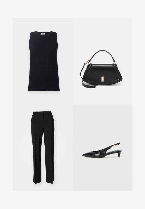 Top negru fără mâneci, realizat dintr-un material ribetat. Dispune de un guler rotund și o siluetă ajustată. Ușor texturat, cu un finisaj neted.; Pantaloni negri tailor-ed cu un design drept, având o textură fină și cute clare pe față. Fără elemente de prindere vizibile.; Sandale slingback din piele neagră cu vârf ascuțit, având un toc subțire și un accent de culoare aurie pe curea ajustabilă. Textură netedă.; Geantă de umăr din piele neagră, cu un design structurat, având o formă tăiată, mânere superioare și accente din aur. Include o curea de umăr ajustabilă.