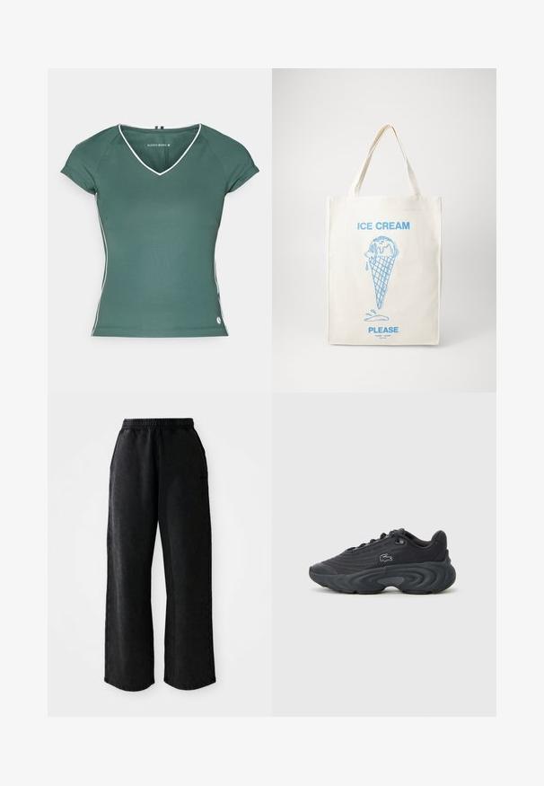 Žalias v-kaklo marškinėliai trumpomis rankovėmis, su baltais apvadais aplink iškirpę ir šonus. Pagaminti iš lygios, tampraus audinio.; Juodi džinsiniai jogger tipo kelnės su elastingu liemeniu, plačiomis kojomis ir šoninėmis kišenėmis. Savybės – lygi tekstūra ir kontrastingos siūlės.; Juodi sportiniai bateliai su tekstūruotu audiniu, lenktu guminio pado dizainu ir subtilia logotipo detale šone. Lengvas ir modernus dizainas.; Natūralios grietinėlės spalvos medvilninis maišelis su mėlynos spalvos ledų kūgio grafika, kurioje yra tirpimo detalės, ir tekstu „LEDUKAI, PRAŠAU“ apačioje.