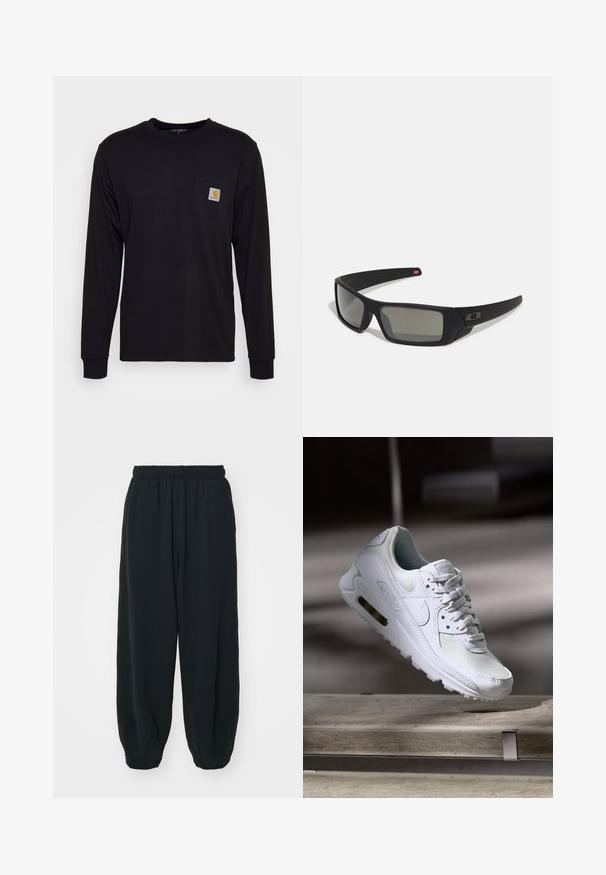 Juoda ilgomis rankovėmis marškinėliai, pagaminti iš medvilnės. Savybėje yra krūtinės kišenė su kvadratine pilka etikete ir oranžiniu logotipu. Paprastas, vienspalvis dizainas.; Juodi, su elastiniu juosmeniu sportiniai kelnės su laisvu siluetu, suapvalintais kulkšnimis, lygia tekstūra ir be matomų raštų ar metalinių akcentų.; Baltos Nike Air Max 90 sportbačiai su.comi ir odos viršumi, perforuota pirštų dėžute ir matomu oro pagalvėle kulne.; Juodi akiniai saulės su matinio paviršiaus užbaigimu, stačiakampiai lęšiai, švelnus lenkimas ant šventyklų, subtilus logotipo detalizavimas ir dūminiai lęšiai.