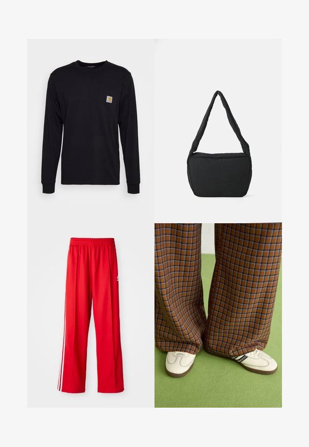 Juoda ilgomis rankovėmis marškinėliai, pagaminti iš medvilnės. Savybėje yra krūtinės kišenė su kvadratine pilka etikete ir oranžiniu logotipu. Paprastas, vienspalvis dizainas.; Raudoni sportiniai džinsai, pagaminti iš lengvos medžiagos, su elastinga juosmens juosta, dviem baltomis šoninėmis juostomis ir mažu logotipu ant klubo.; Rudos ir mėlynos langelinės plačios kelnės, derinamos su baltais batais su juodais akcentais ir tekstūruotais padais, prieš žalią foną.; Juodas pečių krepšys su paminkštinta tekstūra, apvalia forma ir plačia juostele, su iškilminiu logotipu priekyje.