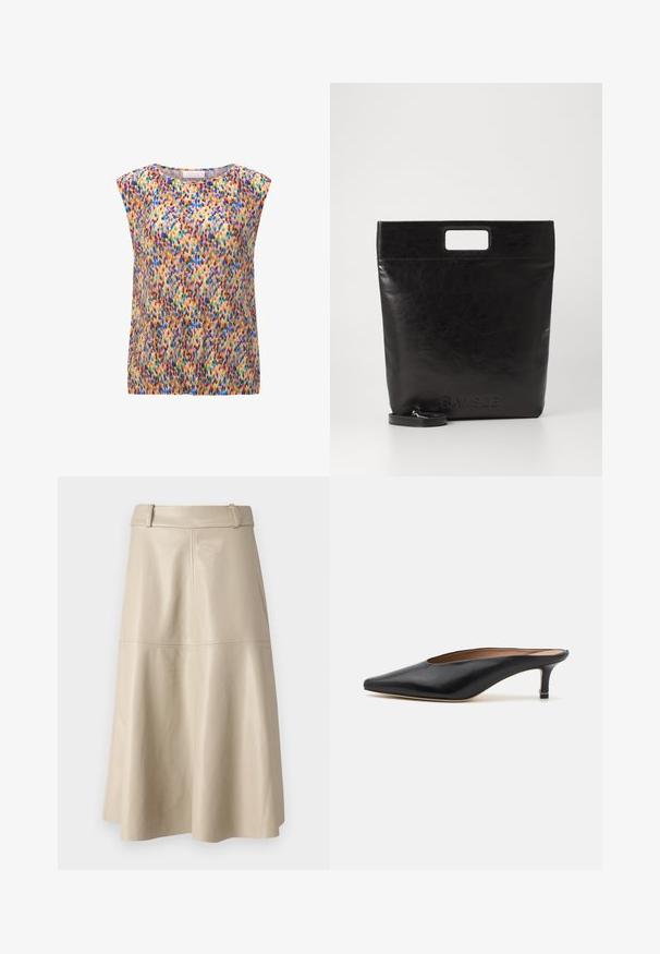 Sleeveless top with a round neckline in pleated fabric, featuring a multicolored abstract pattern in blue, pink, green, and brown tones.; Beige leather midi skirt with a smooth texture, wide waistband, and flared hem; features stitched seams for added detail.; Black leather mules with a pointed toe and low, block heel. Smooth texture with a sleek design. Open back with minimal detailing.; Black leather tote bag with a square handle, featuring a textured finish and embossed logo. Includes a detachable strap.