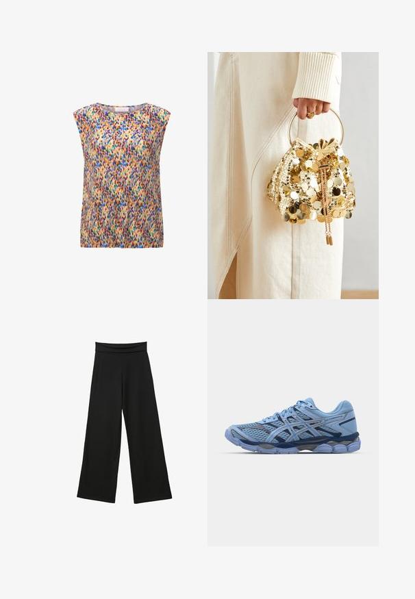 Mouwloos topje met een ronde halslijn in geplooide stof, voorzien van een multicolor abstract patroon in blauw, roze, groen en bruin tinten.; Zwarte wijde broekspijpen gemaakt van zacht materiaal, met een hoge, rekbare tailleband, lange benen en zonder zichtbare patronen of accenten.; ASICS SportStyle GEL CUMULUS 16 UNISEX - Sneakers laag - stone wash/independence blue; Gouden pailletten trekkoord handtas met een ronde handgreep, versierd met glanzende ronde pailletten en een gemêleerde stof. Afmetingen zijn niet opgegeven.