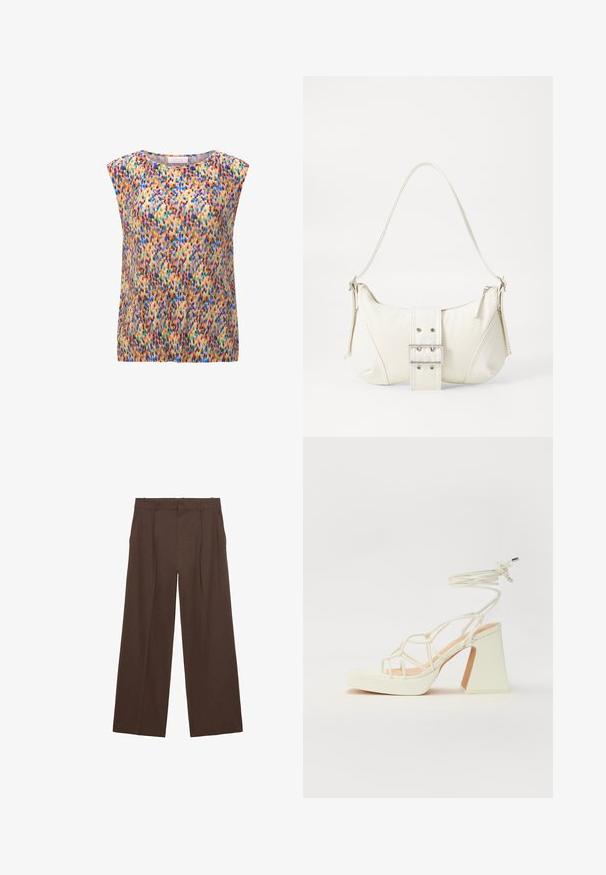 Top senza maniche con scollatura rotonda in tessuto plissettato, caratterizzato da un motivo astratto multicolore in tonalità di blu, rosa, verde e marrone.; Pantaloni a gamba larga marroni realizzati in un tessuto liscio, con vita alta, pieghe frontali e due tasche laterali.; Sandalo bianco con tacco alto, caratterizzato da un design a cinturini e un legaccio alla caviglia. Texture liscia con una piattaforma frontale per un'altezza aggiuntiva.; Borsa a spalla bianca con una finitura testurizzata, un accentuato fermaglio centrale e una forma curva. Chiusure a cerniera su entrambi i lati.