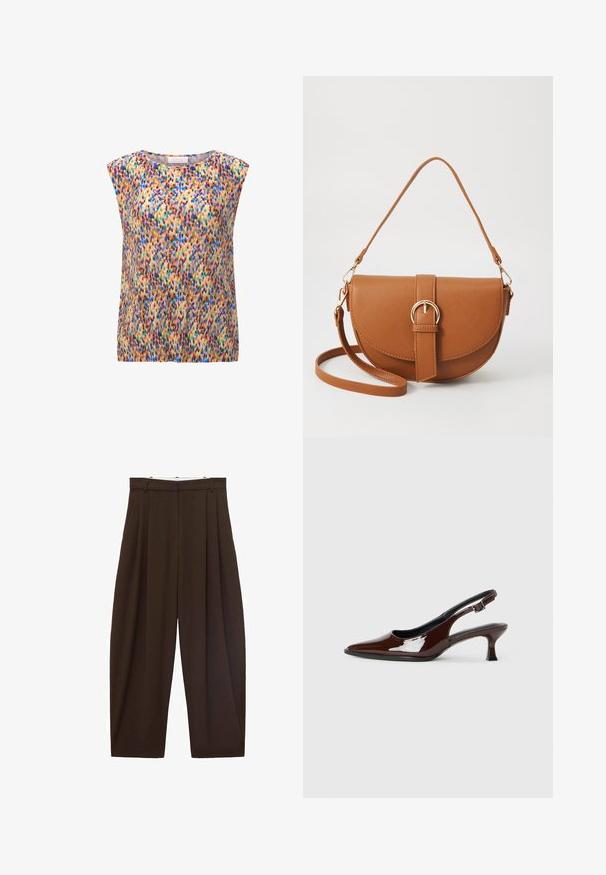Majica bez rukava s okruglim izrezom od nabranog materijala, s višebojnim apstraktnim uzorkom u plavim, ružičastim, zelenim i smešnim tonovima.; Rjave hlače visoke pasu s pregibi, narejene iz gladkega materiala. Ohlapen kroj, ravne nogavice, z zankami za pas in zadrgo.; Rjavi lakirani slingback čevelj z ostro konico in zmerno peto. Ima zaponko za varno prileganje. Gladka tekstura.; Rjava usnjena torbica prek telesa s ukrivljeno obliko, zlate opreme in sponko. Ima odstranljiv naramni trak.