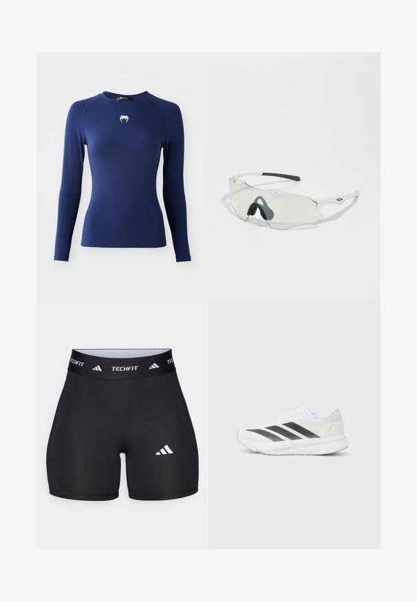 Tengerészeti hosszú ujjú sportpóló sima, rugalmas anyagból készült, testre simuló kialakítással és fehér logóval a mellrészen.; Fekete, rugalmas anyagból készült, testhezálló rövidnadrág. Széles fekete derékpánttal rendelkezik, amelyen a "TECHFIT" felirat található, és a lábszáron egy fehér logó van.; Fehér sportcipő fekete átlós csíkokkal, hálós felsőrésszel, lekerekített orral és texturált talppal. A kiegészítők között szerepel egy ezüst sarok és minimalista dizájn.; Tiszta lencsés napszemüveg, fehér kerettel és szürke gumi orrtartókkal. Sleek dizájn, szögletes forma és minimális fém részletek jellemzik.