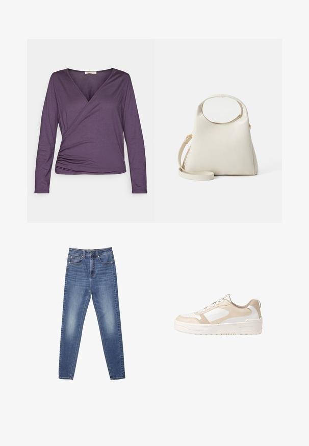 Yogasearcher NATANA - Langarmshirt - topaze; Blaue Jeans aus Denim mit geradem Bein, fünf Taschen und sichtbaren Nähten. Der Stoff hat eine verblasste Textur und eine glatte Oberfläche.; Beige und weiße Sneaker mit einem glatten Lederoberteil, perforierter Zehe, Schnürdesign, strukturierten Akzenten und einer robusten Gummisohle.; Cremfarbene Handtasche mit strukturiertem Design, rundem Griff und abnehmbarem Schulterriemen. Hergestellt aus glattem Material mit subtiler Textur.