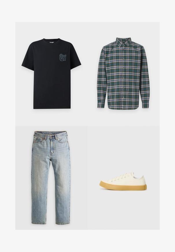 Černé bavlněné tričko s modrou grafikou loga na levé straně hrudi. Krátké rukávy a klasický kulatý výstřih. Jednoduchý a nezdobený design.; Zelená flanelová košile s kostkovaným vzorem, která obsahuje modré, bílé a hořčičně žluté pruhy. Zapínání na knoflíky a špičatý límec. Dlouhé rukávy.; Svetle modré džíny z denimu s vysokým pasem, předním knoflíkem, zipem a designem s pěti kapsami, ležící rovně na neutrálním pozadí.; Plátěné tenisky v krémové barvě s kulatou špičkou, s béžovými gumovými podešvami a pěti očky na tkaničky, texturovaný povrch horní části.