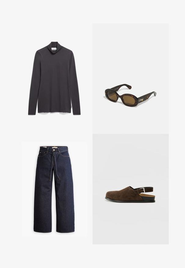 Langärmliges, hochgeschlossenes Oberteil in Dunkelgrau, aus weichem Material hergestellt. Hat eine lockere Passform mit seitlichen Schlitzen und einem Etikett an der unteren linken Naht.; Weite, dunkelblaue Jeans aus Denim mit hoher Taille, ausgestattet mit einem Kordelzug, fünf Taschen und kontrastierenden Nähdetails.; Braune Wildleder-Ballenrutscher mit niedrigem Absatz, verstellbarem Riemen mit silberner Schnalle und schwarzer Gummisohle.; Schildpatt-Sonnenbrille mit ovalen Fassungen, braunen getönten Gläsern und "Chloé"-Markierung am Bügel. Glattes Kunststoffmaterial mit glänzender Oberfläche.; Braune Wildleder-Tasche mit breiter Form und weicher Textur, ausgestattet mit einem einzigen Tragegurt und minimalem Zubehör vor einem neutralen Hintergrund.