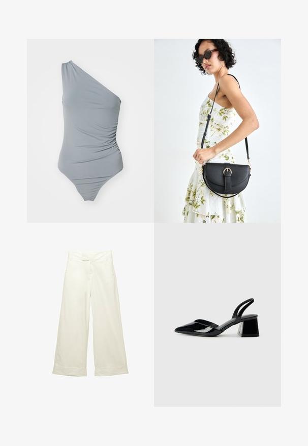 Costume da bagno grigio a spalla unica con texture arricciata, tessuto morbido e design con gambe alte. Estetica semplice e minimal.; Pantaloni a gamba larga in morbido tessuto color crema. Presentano una vita liscia e orli arrotolati. Tessuto liscio con un design pulito e minimalista.; Décolleté in vernice nera con punta affusolata e tacco in geometria cubica. Presentano un design elegante e minimalista, con una texture liscia.; Borsa a tracolla nera in pelle con una forma curva, manico rimovibile e accessori dorati. La borsa presenta una patta con un dettaglio a fibbia.