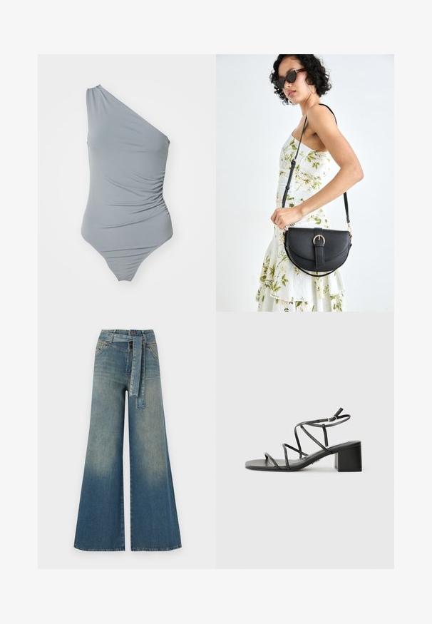 Costume da bagno grigio a spalla unica con texture arricciata, tessuto morbido e design con gambe alte. Estetica semplice e minimal.; Pantaloni in denim a gamba larga con una sfumatura che va dal blu chiaro al blu scuro, vita alta, passanti per cintura e una cintura in tessuto coordinato. Finitura in denim strutturato.; Sandali neri con cinturini, punta quadrata e tacco spesso, realizzati in materiale morbido. Presentano cinturini regolabili alla caviglia e hardware minimal.; Borsa a tracolla nera in pelle con una forma curva, manico rimovibile e accessori dorati. La borsa presenta una patta con un dettaglio a fibbia.