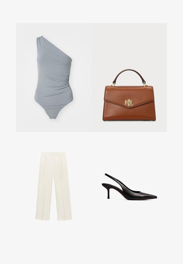 Enosna siva kopalna obleka z enim ramenskim trakcem, z nabranim strukturiranim videzom, gladkim materialom in visokim izrezom noge. Preprost in minimalističen estetski pristop.; Hlače širokih nogavic v svetli kremni barvi. Narejene iz gladkega materiala s plitkimi naborki spredaj in stranskimi žepi.; NA-KD Klasične pete - black; Rjava usnjena torbica z oblikovano zasnovo, zgornjim ročajem, zlatimi dodatki in logotipom na sprednji strani. Gladka tekstura.