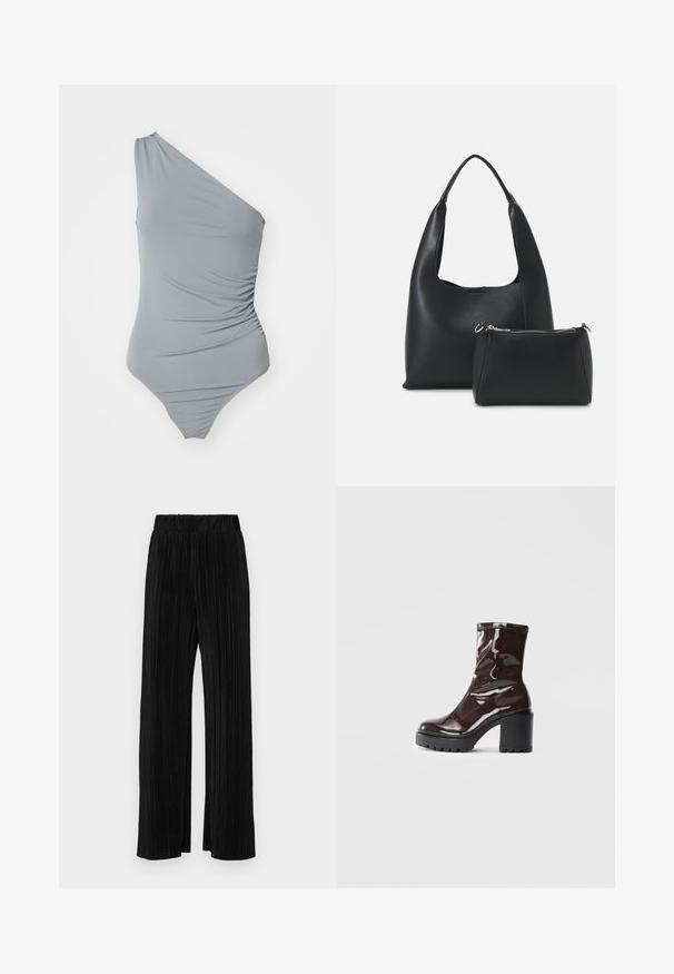 Grijs badpak met één schouder, met geplooide textuur, gladde stof en hoog uitgesneden beenontwerp. Eenvoudige en minimalistische esthetiek.; Zwarte geplooide broek met een elastische tailleband. Beschikt over wijde pijpen en een glad, gestructureerd stof met verticale strepen.; Glanzende bordeauxrode enkelboot met een chunky zwarte hak, met een gladde textuur en een eenvoudig ontwerp. Geen zichtbare sluitingen of patronen.; Even&Odd Handtas - black