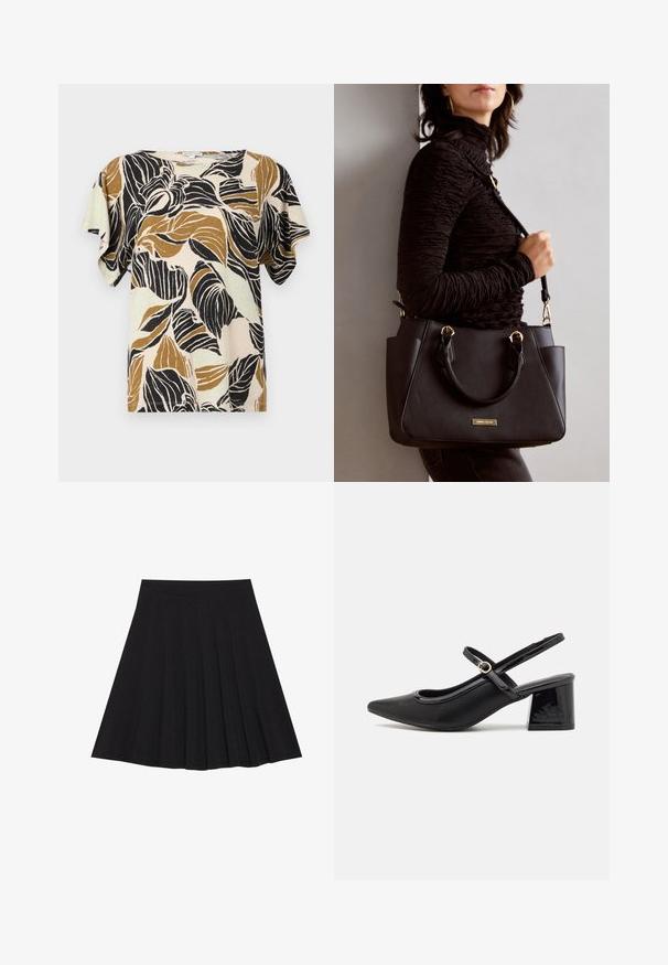 Kratka majica s kratkim rukavima u bež boji, s uzorkom lišća u crnoj boji i nijansama smeđe. Mekani materijal s opuštenim krojem i okruglim izrezom.; Crna plisirana suknja izrađena od teksturiranog materijala s uskim strukom. Pada do koljena, a ima glatku, čistu siluetu.; Crne lakirane slingback visoke potpetice s šiljastim vrhom, zaobljenim izrezom i blok potpeticom. Sadrži akcent zlatnog tona s kopčom.; Crna torba s teksturiranom površinom, dvostrukim gornjim ručkama i podesivom remenom za rame. Ima zlatne metalne detalje i bočne džepove.
