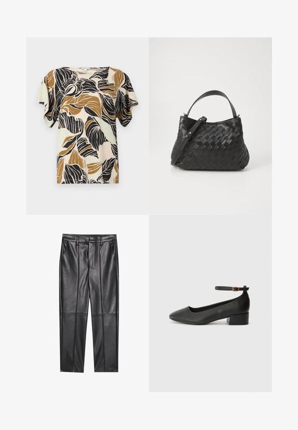 Short-sleeve blouse in beige, featuring a leaf print in black and shades of brown. Soft fabric with a relaxed fit and round neckline.; Black leather trousers with a smooth texture, featuring a straight fit, two front pockets, and visible seam detailing.; Black leather pump with a pointed toe and a low block heel. Features an ankle strap with a gold-tone buckle. Smooth texture.; Black woven leather handbag with a rounded shape, featuring a top handle and a detachable strap. Smooth texture and subtle stitching details.