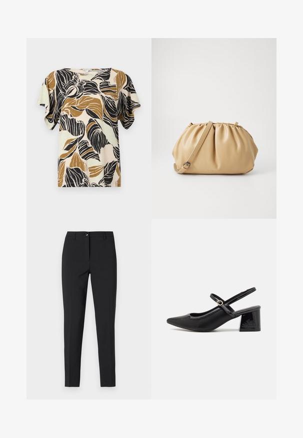 Kratka majica s kratkim rukavima u bež boji, s uzorkom lišća u crnoj boji i nijansama smeđe. Mekani materijal s opuštenim krojem i okruglim izrezom.; Crne uske hlače od glatkog materijala, s klasičnim pojasom, prednjim zatvaračem i bočnim džepovima uz elegantan, krojeni dizajn.; Crne lakirane slingback visoke potpetice s šiljastim vrhom, zaobljenim izrezom i blok potpeticom. Sadrži akcent zlatnog tona s kopčom.; Torbica od svijetlosmeđe kože s nabranim dizajnom, podesivim remenom i zaobljenim oblikom. Minimalistički brend na prednjoj površini.