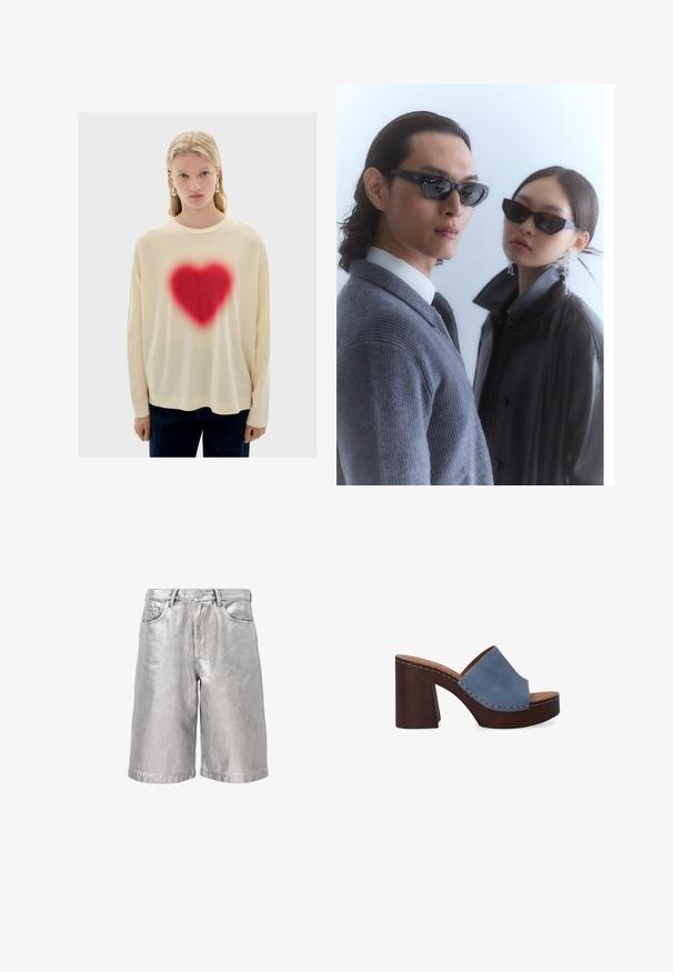 Krémová košile s dlouhými rukávy, na které se uprostřed nachází velká červená srdcová grafika. Materiál je měkký a střih je volný, doplněná tmavými džínovými kalhotami.; Stříbrné metalické džíny s volným střihem, které mají pět kapes, poutka na opasek a přehnutý lem. Hladký povrch s reflexním vzhledem.; Modré kožené klouzavé sandály s širokým páskem a hnědým blokovým podpatkem, s viditelným šitím podél okrajů.; Sluneční brýle s úhlovými černými rámy na modelce v šedém svetr, který ukazuje texturovaný pletený vzor, a černou koženou bundu, kterou nosí jiný model.; Pytlík na zip v tmavě námořnické barvě, vyrobený z lesklého materiálu, s hladkou texturou a decentním logem na přední straně. Kompaktní a univerzální design.