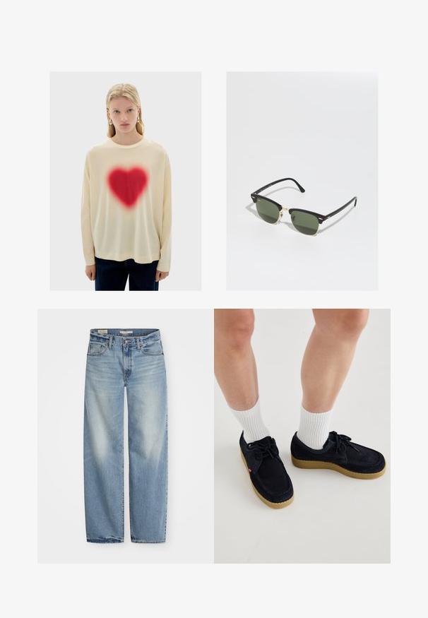 Crème kleurige longsleeve shirt met een grote, rode hartgraphic in het midden, gekenmerkt door een zachte textuur en een ontspannen fit, gecombineerd met donkere denim broek.; Lichtblauwe wijde spijkerbroek van denim. Kenmerken zijn een knoop- en ritssluiting, vijf zakken en een vervaagde afwerking met een iets versleten zoom.; Marineblauwe suède schoenen met een ronde neus, vetersluiting en een crème-kleurige rubberen zool. Gecombineerd met witte geribbelde crew-sokken.; Zwarte en gouden zonnebril met groene lenzen, met een cat-eye vorm, metalen accenten en een gestructureerd frame.