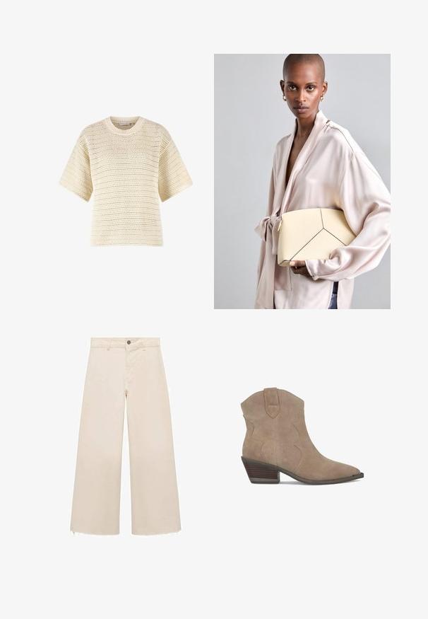 Jasno beżowy sweter dzianinowy, o luźnym kroju, krótkich rękawach, okrągłym dekolcie oraz otwartej strukturze włókna z poziomym wzorem w paski.; Spodnie o szerokich nogawkach w jasnym beżowym kolorze z bawełny, z zapięciem na guzik, subtelnym postrzępionym dołem oraz luźnym krojem.; Beżowe zamszowe botki za kostkę z ostro zakończonym noskiem, zakrzywionymi przeszyciami i rozkładaną podeszwą. Posiadają pętelkę ułatwiającą zakładanie.; Kremowa torebka strukturalna z kontrastowymi czarnymi szwami, z geometrycznym wzorem. Gładka faktura z złotymi akcentami.