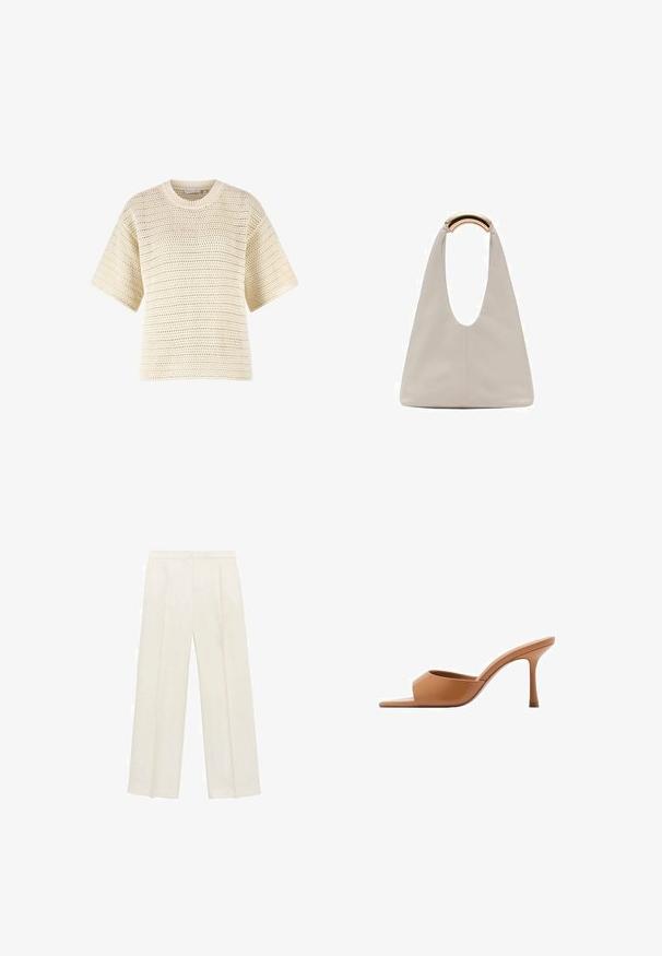 Licht beige gebreide trui met een losse pasvorm, korte mouwen, ronde halslijn en open weefstructuur met een horizontaal streepjespatroon.; Wijdgevallen broeken in een lichtcrème kleur. Gemaakt van een zachte stof met plooien aan de voorkant en zijzakken.; Mango PEPYT - Muiltjes met hak - brown; Lichtgrijze leren tas met een U-vormig ontwerp en een gebogen metalen handvat. Glad oppervlak met minimale stiksels en geen zichtbare patronen.