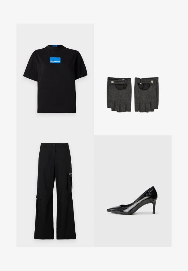 Melnas kokvilnas T-krekls ar apaļu kaklu, ar zilu taisnstūra grafiku, kurā rakstīts "KARL LAGERFELD JEANS", uz priekšpuses.; Melnas kravas bikses ar platām kājām, kas aprīkotas ar sānu kabatām, pogu aizdari un izgatavotas no viegla auduma.; Melni augstpapēžu zābaki ar smailu purngalu, ar spīdīgu apdari un smalku tekstūru. Ar mērenu papēdi un atvērta kakla dizainu.; Melnas džinsu pirkstu brīvās cimdi ar strukturētu apdari, ar sprādzi un atvērtu kabatu uz plaukstas zonas.