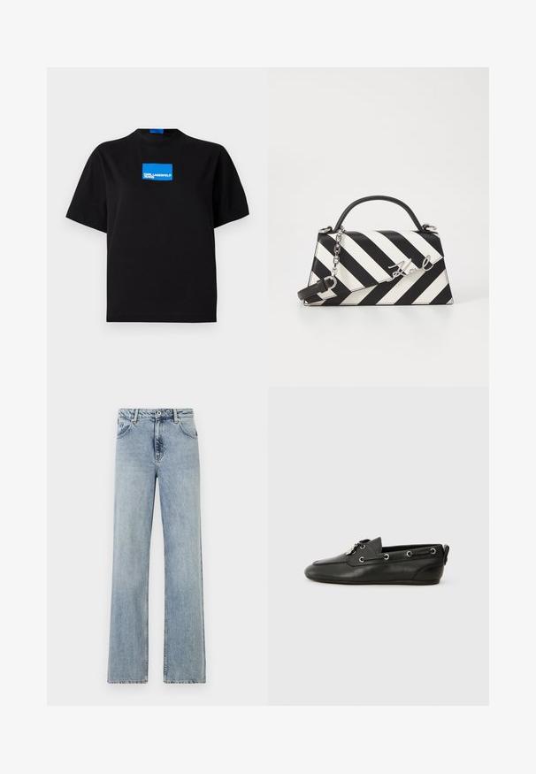 Črna bombažna majica s krožnim ovratnikom, na sprednji strani pa je modra pravokotna grafična nalepka z napisom "KARL LAGERFELD JEANS".; Svijetloplave široke traperice. Imaju dugme i patent zatvarač, prednje džepove i suptilno istrošenost. Čiste ivice.; Črne usnjene čolnarske čevlje z zaobljenim prstom, zavezovanjem spredaj, kovinskimi očesci in ravnim podplatom. Imajo majhen trak na zadnji strani.; Črna in bela črtasta torbica z obliko s strukturirano obliko, s top ročajem, odstranljivo verižico in kovinskim logotipom.