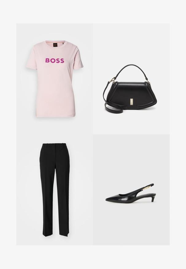 Light pink cotton t-shirt featuring a bold purple "BOSS" logo in the center. Short sleeves and a classic crew neckline design.; Black tailored trousers with a straight-leg design, featuring a smooth texture and crisp creases along the front. No visible hardware.; Black leather slingback heels with a pointed toe, featuring a slim heel and a gold-tone accent on the adjustable strap. Smooth texture.; Black leather handbag with a structured design, featuring a cropped shape, top handle, and gold hardware accent. Adjustable shoulder strap included.