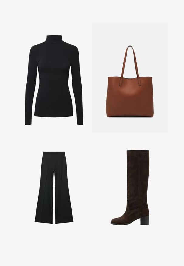 Schwarzes langärmeliges Turtleneck-Shirt aus weichem, elastischem Material mit einer figurbetonten Passform und nahtlosem Design für ein glattes Erscheinungsbild.; Schwarze weit geschnittene Hose mit glatter Textur, ausgestattet mit Frontfalten und einem taillierten Design. Der Stoff ist leicht und fließend.; Braune Wildleder-Stiefel in Knielänge mit quadratischer Zehenform und Blockabsatz. Glatte Textur und minimale Nähte an der Außenseite.; Braune Leder-Tote mit glatter Textur, offenem Oberteil und zwei Schulterriemen. Verfügt über minimale Nähte und keine sichtbaren Beschläge.