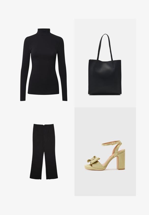 Schwarzes langärmeliges Turtleneck-Shirt aus weichem, elastischem Material mit einer figurbetonten Passform und nahtlosem Design für ein glattes Erscheinungsbild.; Schwarze Hose mit geradem Schnitt, ausgestattet mit Fronttaschen und Seitenschlitzen am Saum. Hergestellt aus weichem, glattem Stoff. Geeignet für verschiedene Anlässe.; Grüne Satin-High-Heel-Sandale mit einer Schleifendetail am oberen Riemen, verstellbarem Knöchelriemen und einem klobigen, quadratischen Absatz.; Schwarze Laptoptasche aus Leder mit glatter Textur, rechteckiger Form und zwei langen Griffen. Keine sichtbaren Beschläge oder Verzierungen.